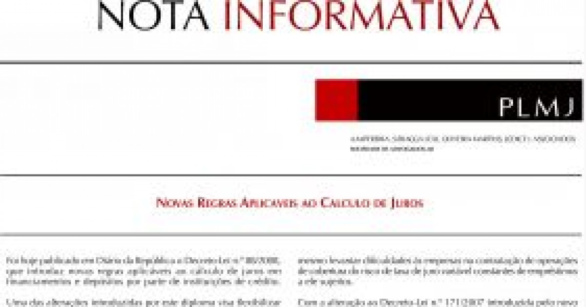 Novas Regras Aplicáveis Ao Cálculo De Juros Notas Informativas Conhecimento Plmj 4657